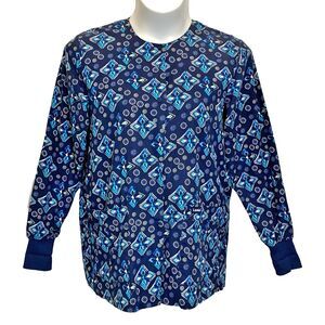 Landau Scrub Jacket Women's Size Medium Blue Floral Print Long Sleeve Snap-Up